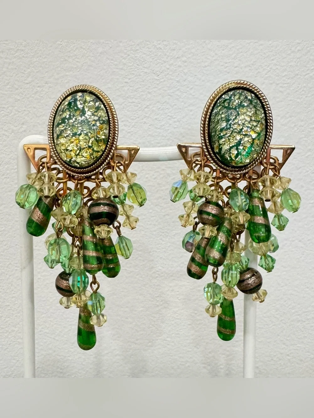 Bohemian Gold Foil Green Cabochon Beaded Chandelier AB Crystal Clip Earrings